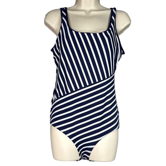 Lands' End  One Piece Swimsuit Womens Size 10 Navy Blue White Striped Nautical - Picture 1 of 11
